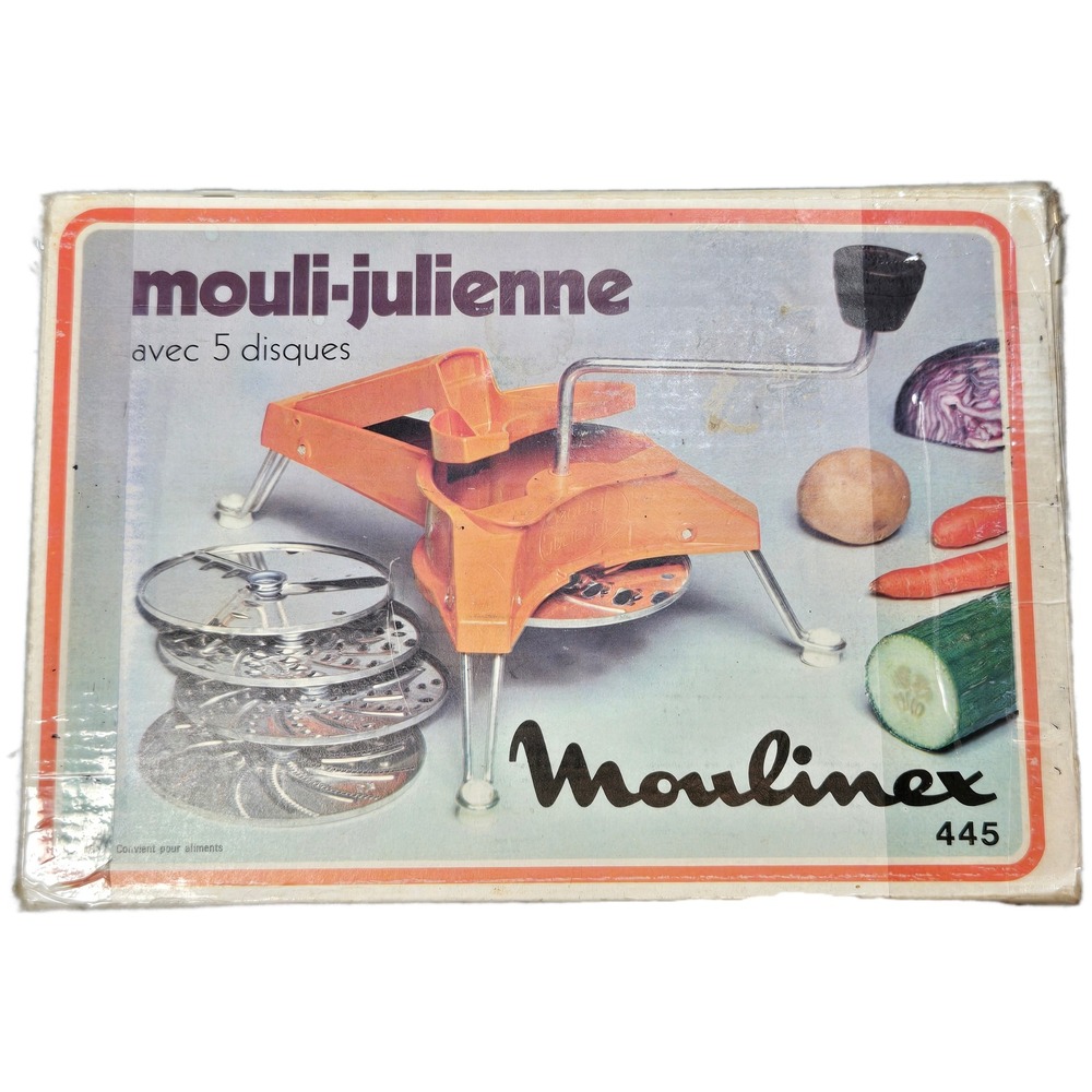 Vintage Moulinex Mouli-Julienne 445 Orange Food Slicer 5 Discs Complete set